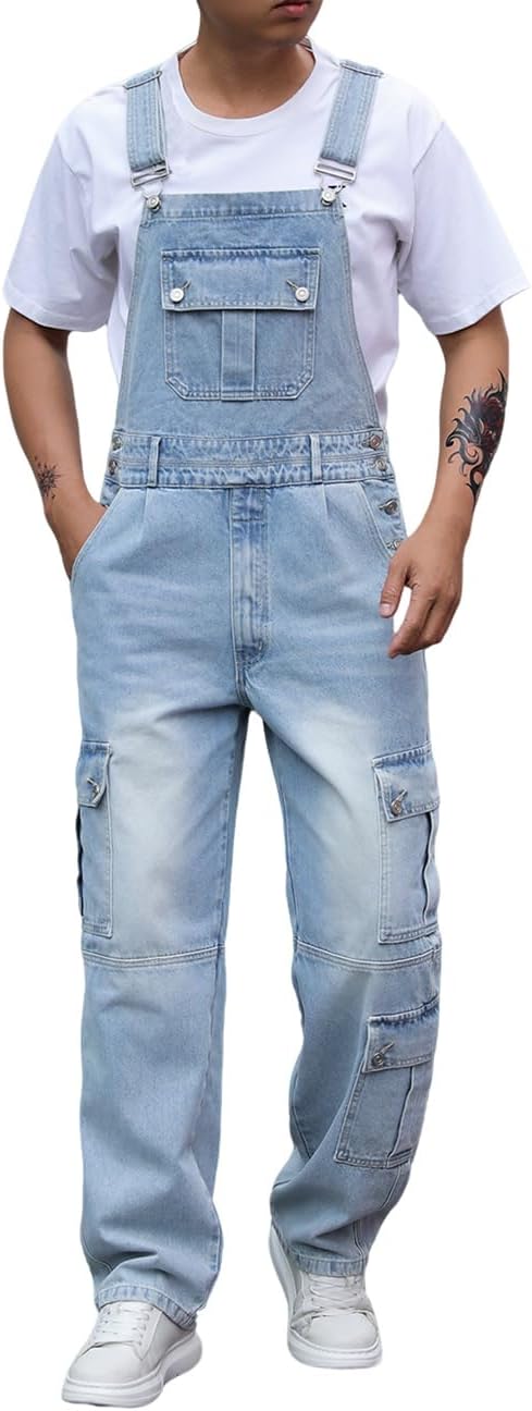 Men's Denim Bib Overalls Jeans Casual Relaxed Fit Cargo Pocket Workwear Fashion Jumpsuit with Adjustable Straps