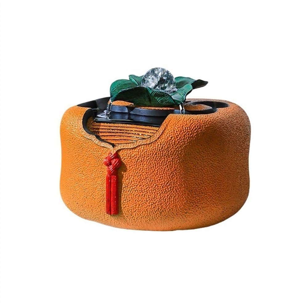 Fuente Decorativa de jardín, Fuente de Agua con Cascada, de Resina, con iluminación LED, Zen, decoración para salón, Dormitorio, Oficina, 21 x 21,5 x 16 cm, Naranja
