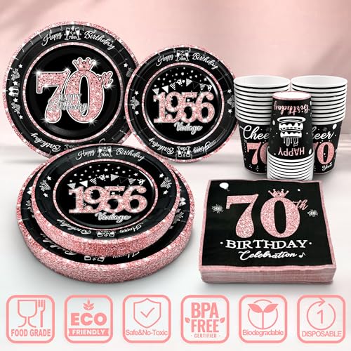 Image of 70th Birthday Decorations Rose Gold, Service for 30, Vintage 70th Birthday Party Supplies Includes Rose Gold 1956 Plates, Napkins,Cups, Plates and Napkins for Women