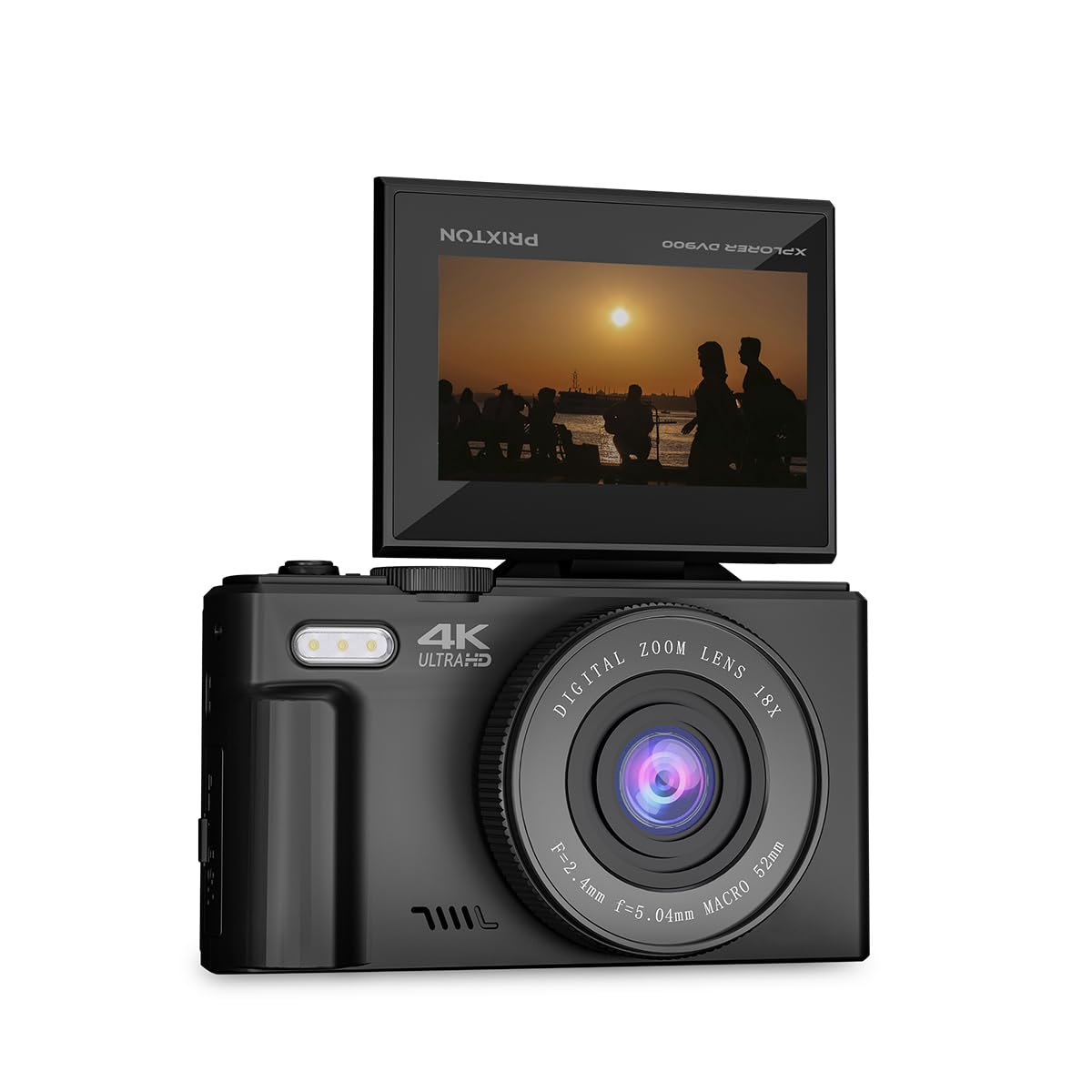 Prixton Digital Cam XPLORER DV900, WiFi, App Mobile, Schermo LCD IPS Flip, Risoluzione 4K e 64MP, 9 Funzioni foto e video, Batteria Rimovibile, Autonomia 90 minuti, Schede SD fino a 256GB (Nero)