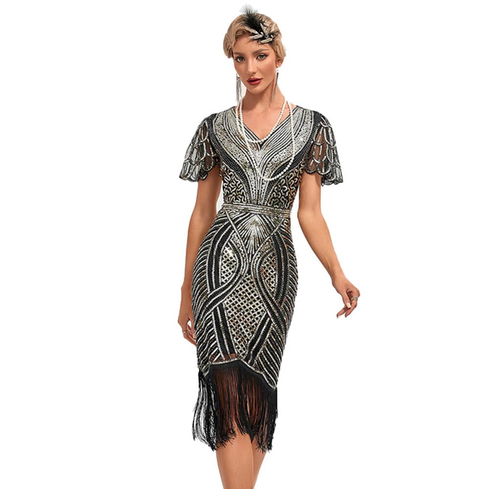 OBEEII 1920 Robes Femme Flapper V Cou Paillette des années 1920 Flapper Frangée Gatsby Robe pour Fête Bal Latine Soirée Art Déco