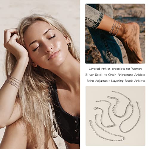Layered Anklet Bracelets For Women Silver Satellite Chain Rhinestone Anklets Boho Adjustable Layering Beads Anklets For Teen Girls Minimalist Simple Dainty Jewelry #TOP2