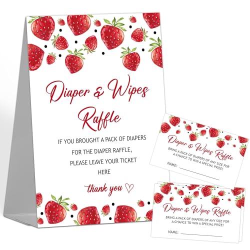 Baby Shower Diapers Wipes Raffle, 1 Standing Sign with 50 Diaper Raffle Tickets, Strawberry Diaper Raffle Tickets for Baby Shower, Gender Reveal Party Favor Decorations Supplies(MQ-8-8)