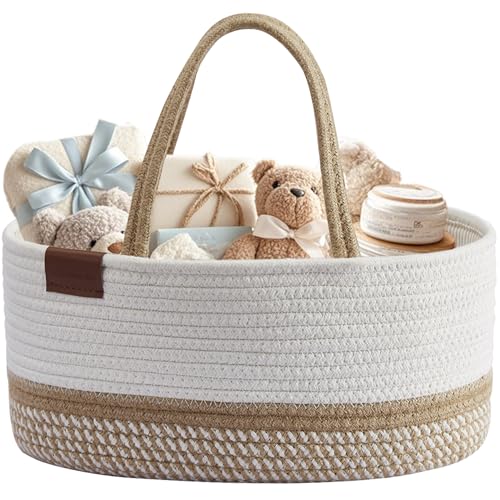 Image of DECOMOMO Baby Caddy Organizer, Diaper Caddy Basket, Baby Baskets for Baby Shower (Spiral Beige & White, Large)
