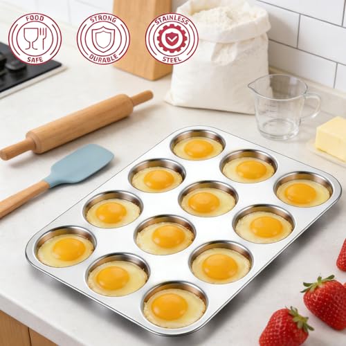 Image of E-far Muffin Top Pan, 12-Cavity Stainless Steel Shallow Cupcake Pan for Yorkshire Pudding, Eggs, Whoopie Pie, Cornbread, Non-toxic & Dishwasher Safe - 2 Pcs