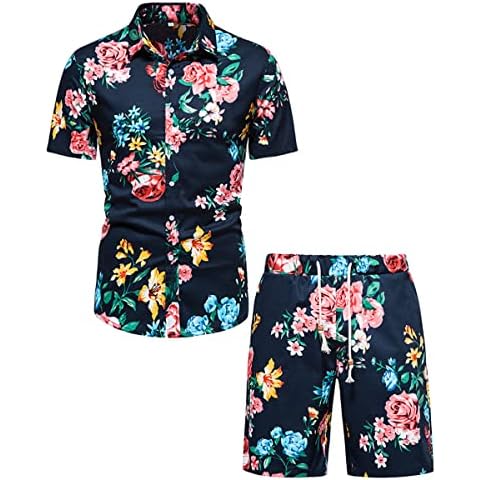KISSQIQI Men's Flower 2 Piece Tracksuits Casual Button Down Short Sleeve Hawaiian Shirts and Shorts Suits, Dark Blue, Large Cover