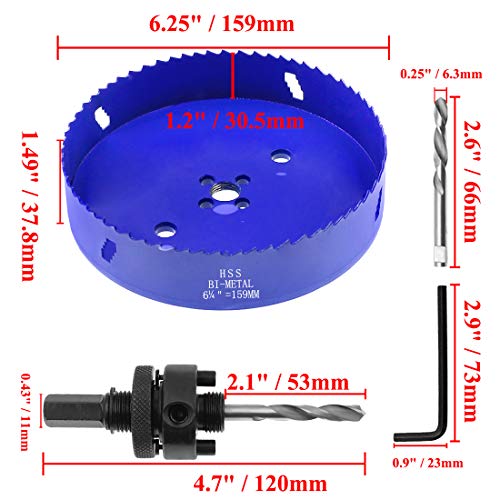 Image of 6-1 /4 Inch Hole Saw with Arbor, 1.2 Inch Cutting Depth | Heavy Duty, HSS Bi-Metal, For Wood Cornhole Boards Plastic Drywall & Thin Metal, Smoothly Cutting