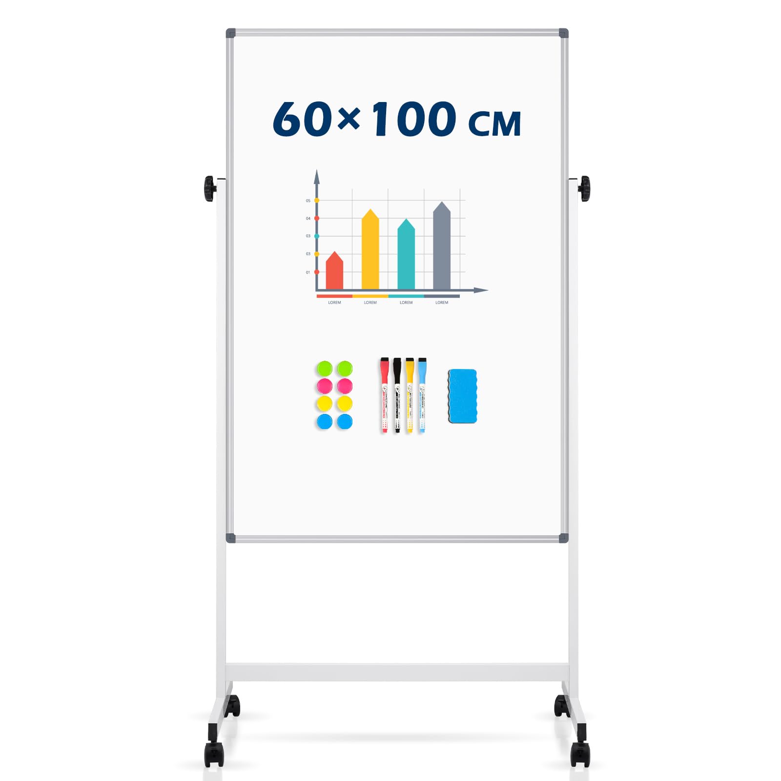 QUEENLINK Double Sides Whiteboard with Stand, Magnetic Mobile White Board 60x100cm Height Adjustable Rolling Dry Erase Board, Large Standing White Board Easel for Classroom, Home, Office