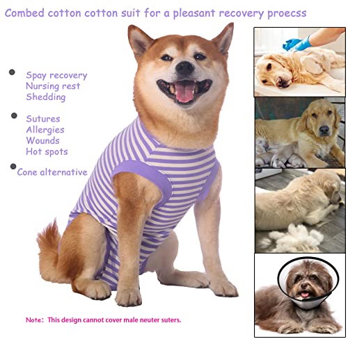 Image of Dog Recovery Suit Medium,Female Spay Male Surgery Recovery Shirt,Soft Combed Cotton Puppy Suit,M Purple-White Striped