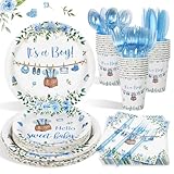 Boy Baby Shower Decorations Plates Set 25 Guests,175 Pcs Blue It's a Boy Baby Shower Decorations Paper Plates Napkins Cups Cutlery Sets