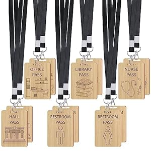 Yeaqee Set of 12 Hall Pass Lanyards Wooden Restroom Office School Passes Unbreakable Hall Passes for Classrooms Nurse Student Teacher Home Bathroom Library Gift Supplies