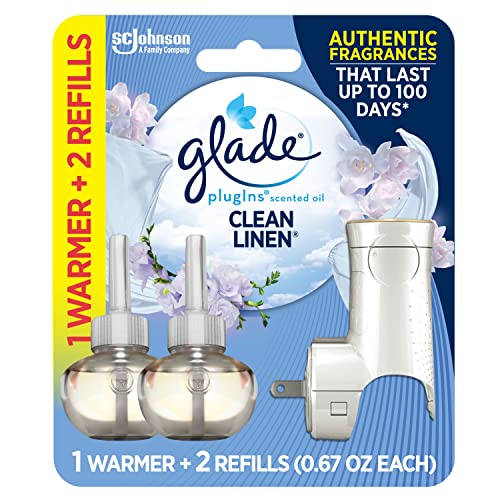 Glade PlugIns Refills Air Freshener Starter Kit, Scented and Essential Oils for Home and Bathroom, Clean Linen, 1.34 Fl Oz, 1 Warmer + 2 Refills - image 1