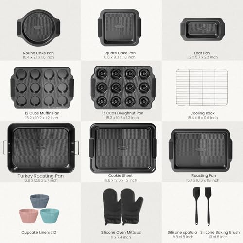 Kikcoin 25 PCS Stackable Baking Pans Set, Non-stick Bakeware Sets with Silicone Handles, 450°F Oven Safe Cookie Sheets for Baking, Easy Release Heavy-duty Baking Sheets Non Stick, Black - Image 3