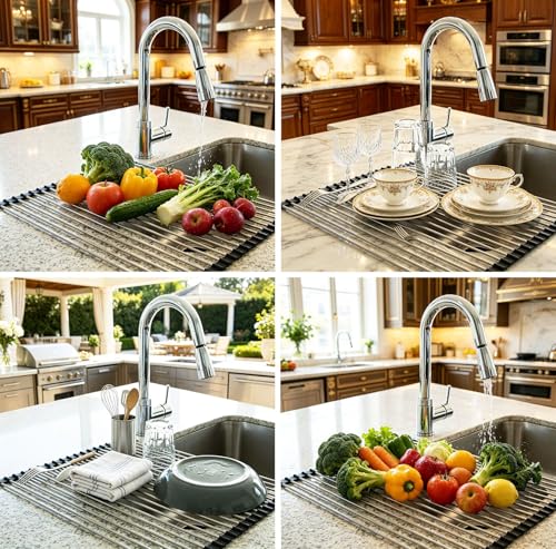Image of Ahyuan Roll up Dish Drying Rack Over The Sink Kitchen Roll up Sink Drying Rack Portable Dish Drainer Foldable Dish Drying Rack (Black, 20.5''X16.9'')