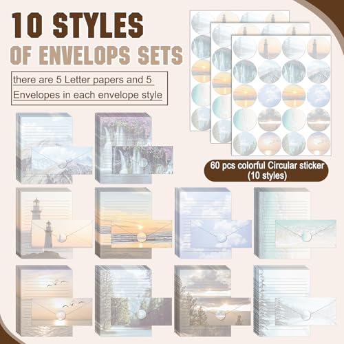 Image of TaoBary 160 Pcs Natural Scenery Stationery Paper and Envelopes Set | 8.5 x 11 '' Letter Writing Kit, 50 Double Sided Stationery Writing Papers 50 Matching Envelopes 60 Round Dot Sticker