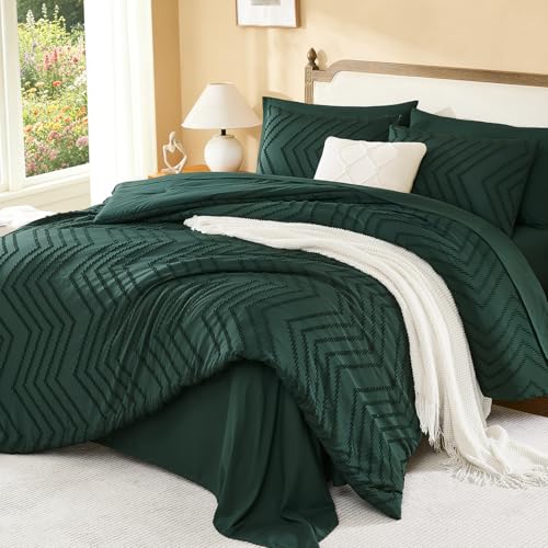 Image of Litanika Full Size Comforter Set with Sheets Dark Emerald Green - 7 Pieces Bed in a Bag Full Chevron Tufted Complete Bedding Sets with Comforter, Sheets, Pillowcases & Shams