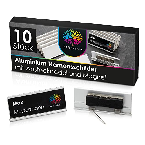 OfficeTree 10 x Aluminium Namensschilder Magnet inklusive Anstecknadel - Name Tag Magnet - Namensschilder für Kleidung Magnet - Namensschilder Magnetisch für Messen Seminare Events