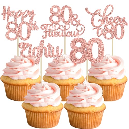 30 Pack Happy 80th Birthday Cupcake Toppers - Rose Gold Glitter Eighty Cheers to 80 Years Old Cupcake Picks for Anniversary Party Cake Decorations