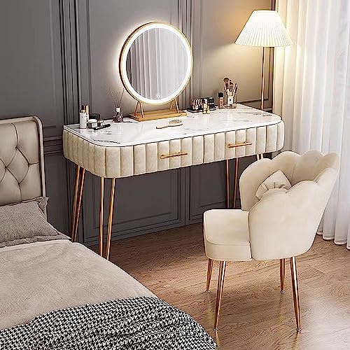 Moderno escritorio de maquillaje de madera maciza con parte superior de mármol sinterizado, pantalla táctil HD extraíble, espejo con silla y 2 cajones deslizantes, color blanco