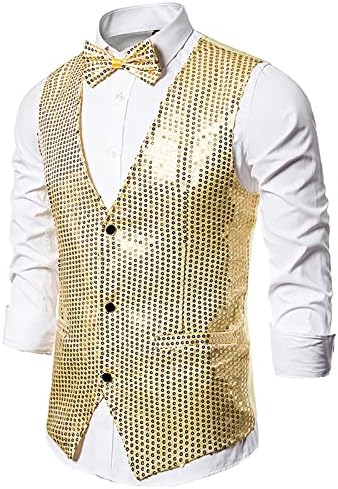 Sinzelimin Vest for Men's Fashion Sequins Vest Jacket with Bow Tie, V-Neck Sleeveless Business Wedding Suit Vests Waistcoat 1 Sinzelimin Vest for Men's Fashion Sequins Vest Jacket with Bow Tie, V-Neck Sleeveless Business Wedding Suit Vests Waistcoat