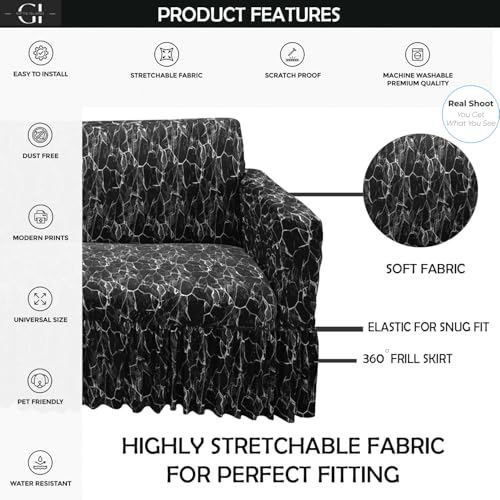 Image of Gifts Island Sofa Cover Set Marble Design 5 Seater Fully Covered Universal Polycotton Spandex with 360 Frill Non-Slip Sticky Elastic Stretchable Sofa Slipcover for Livingroom (Black Marble)