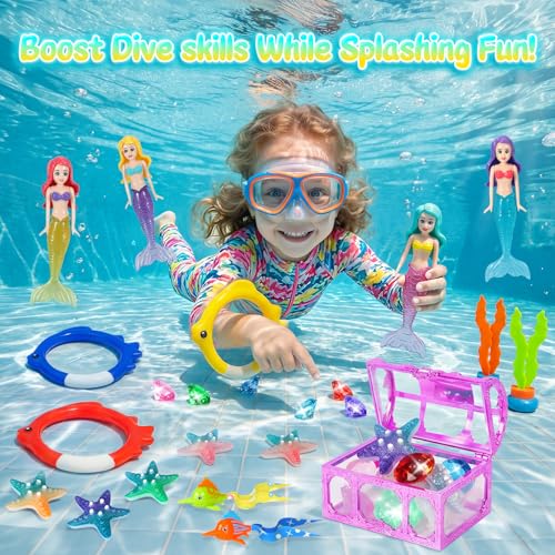 Image of DRAMATION 25 PCS Pool Diving Toys for Kids Ages 3-12 | Mermaid Pool Toys, Dive Toys with Diving Gems and Treasure Chest, Diving Rings, Storage Bag, Water Toys for Boys and Girl