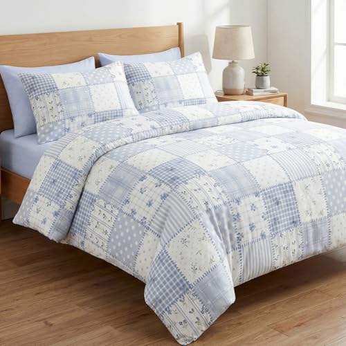 AShanlan Ropa de cama de 135 x 200 cm, diseño de patchwork, color azul y blanco, flores a cuadros, funda nórdica y funda de almohada de 80 x 80 cm, microfibra con certificado Öko Tex