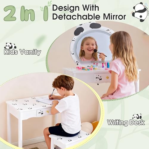 Image of Princess Vanity Table with Lights,Princess Makeup Vanity Desk with Storage Drawer, 2 in 1 Vanity Table & Chair Set with Mirror for Girls (Panda)