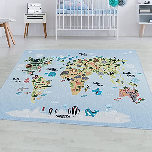 SIMPEX Spielteppich Kurzflor Teppich Kinderteppich Kinderzimmer Weltkarte Tiere Weiss, Farbe:Blau, Grösse:100x150 cm Cover