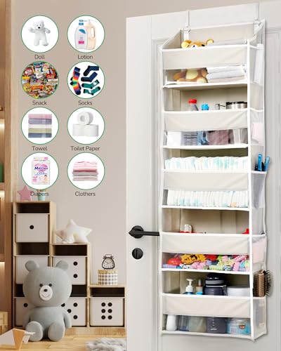 Image of ULG 1-Pack Over Door Organizer with 5 Large Pockets 10 Mesh Side Pockets, 44 lbs Weight Capacity Hanging Storage Organizer with Clear Window for Bedroom Bathroom Kitchen, RV, Camper, Beige