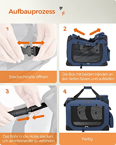 Feandrea Hundebox faltbar, Transportbox Hund, L, Hundetasche, Oxford-Gewebe, Netzstoff, atmungsaktiv tragbar transportabel, Metallrahmen, mit Griffen, Taschen, 70 x 52 x 52 cm, dunkelblau PDC70Z