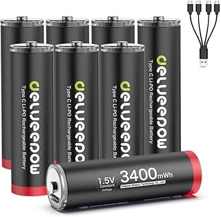 Delyeepow Piles Rechargeables AA 1,5V Lithium 3400mWh de Haute capacité,Pile AA Lithium Rechargeable 1500 Cycle USB C 8 Piles