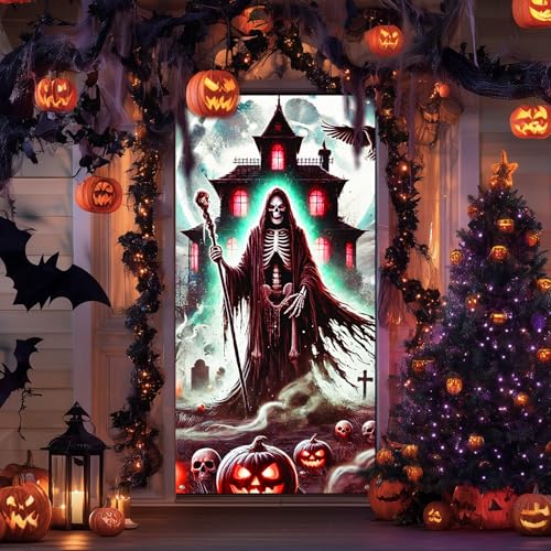 Image of BlissYard Halloween Entryway Banner Grim Reaper 35x71 Inch Polyester | Door Banner, Wall Decor | Skeleton Entry Accent, Grim Reaper Backdrop | Porch, Hallway, Party (Gothic Art)
