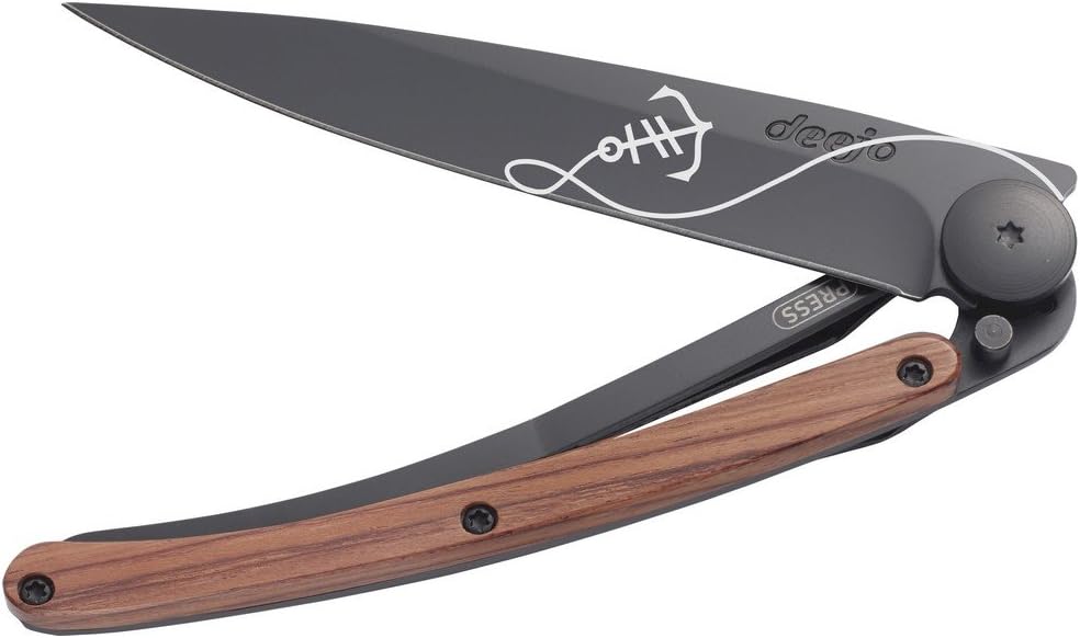 Deejo Ultra Lightweight Folding Pocket Knife with Belt Clip - Coral Wood Version 1.3 oz - Fine, Sharp Blade - Anchor Pattern - Black Titanium Coating Stainless Steel - Elegant and Modern Design