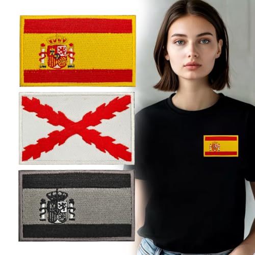 DIFLAX 3 Pares Parches Bordados Bandera España, Bandera Cruz de Borgoña, Parches Mágicos Bordados DIY, Paquete de Parches de la Bandera Española para Ropa, Mochila Táctica, Gorra, Chaqueta