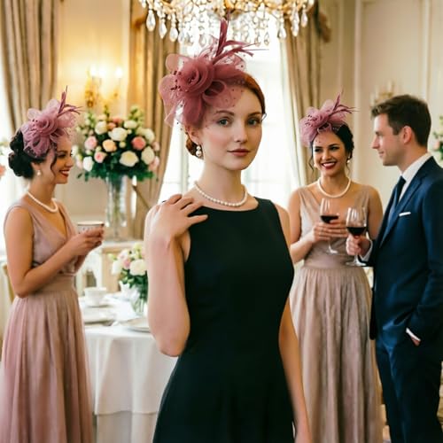 Image of DRESHOW Fascinators Hat Flower Mesh Ribbons Feathers on a Headband and a Clip Tea Party Headwear for Girls and Women