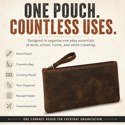 Image of Leather Pencil Pouch, Currency Pouch, Leather Pencil Case, Zippered Pouch Paper Money, Pen Case, Pen & Marker Case, Pencil Case For Artists & Professionals (Brown)