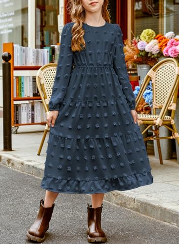 blibean Tween Girls Fall Maxi Dresses Long Sleeve Polka Dot Outfits with Pockets 6-15 Years4