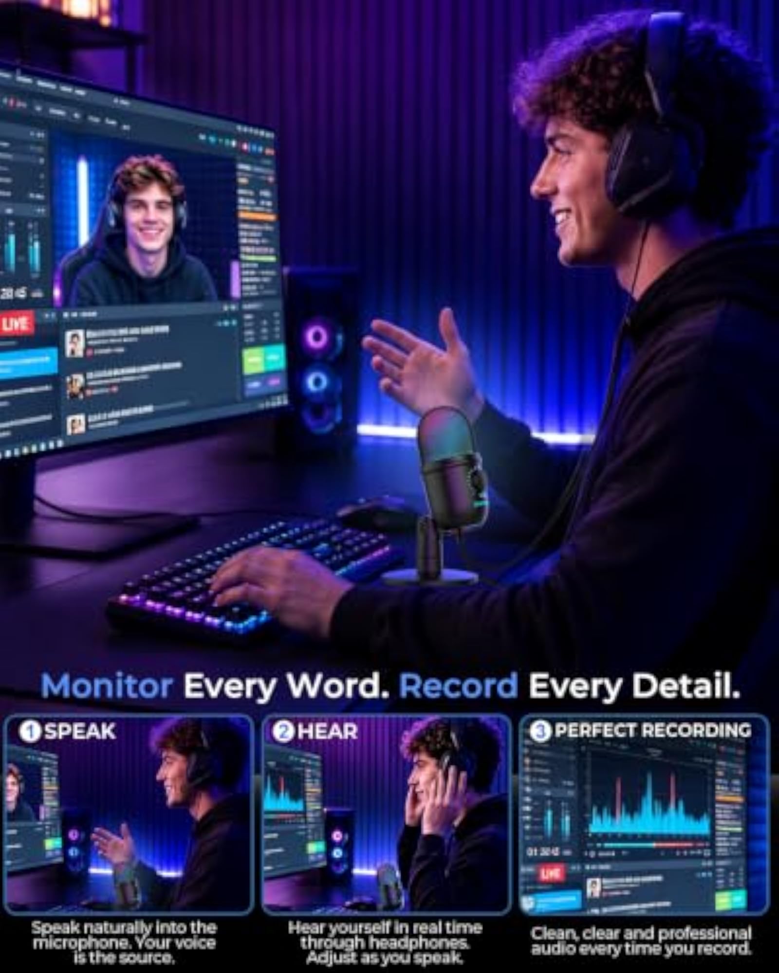 Gaming Mic for PC, USB Condenser Mic