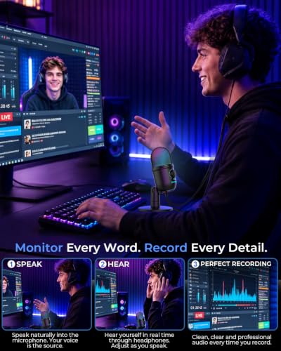 Image of GRENARO Gaming Mic for PC, USB Condenser Mic with RGB Lights, Plug & Play | Noise Cancellation, 1-Click Mute, 0-Lantency Monitoring, Cardioid Podcast Mic for PC, Streaming, YouTube Video Recording