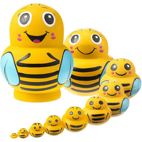 Seenelling 10 Pcs Wooden Yellow Bee Handmade Russian Nesting Dolls Toys Animal Russian Cute Nesting Dolls for Home Decor Birthday Gift Bee Festival