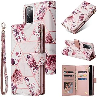 DEFBSC Case for Samsung Galaxy S20 FE 5G, Premium PU Leather Geometric Marble Pattern Zipper Wallet Case with Detachable Wrist Strap, Magnetic Closure Card Slots Shockproof Flip Cover Case - Flower