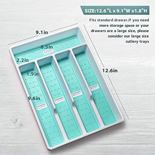 Joequality Silverware Organizer With Icons，Plastic Cutlery Silverware Tray For Drawer，Utensil Flatware Tableware Organizer For Kitchen With Non-Slip Tpr,Fits Standard Drawer,5-Compartment，Mint #TOP6
