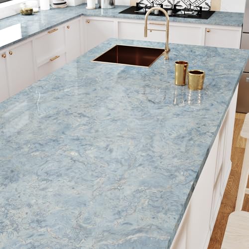 Yullpaper Abstract Artistic Light Blue Marble Wallpaper Glossy Cream Blue White Granite Contact Paper Counter Top Peel and Stick Marble Vinyl Countertop Wallpaper for Kitchen Counter Cover 15.7×118"