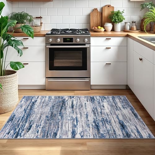 3x5 Navy Blue Gray Neutral Multi Modern Abstract Rug for Farmhouse, Super Soft Washable Rug with Non-Slip, Low-Pile Indoor Door Area Rug for Living Room Bedroom, Carpet with Non-Shedding