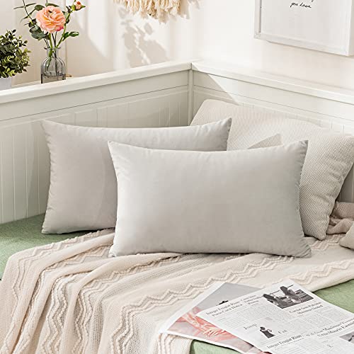 Image of MIULEE Pack of 2 Greyish White Velvet Throw Pillow Covers 12x20 Inch Soft Solid Decorative Set Lumbar Cushion Cases for Spring Couch Sofa Bedroom