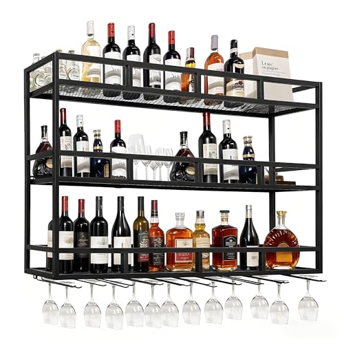 Al waha Al zhabia Modern LED Wine Rack Wall Mounted with Bottle Glass Holder, 100 cm 3-Tiers Metal Liquor Floating Shelves, Wall Bar Shelf for Home, Commercial Bar, Kitchen Storage Display, Black