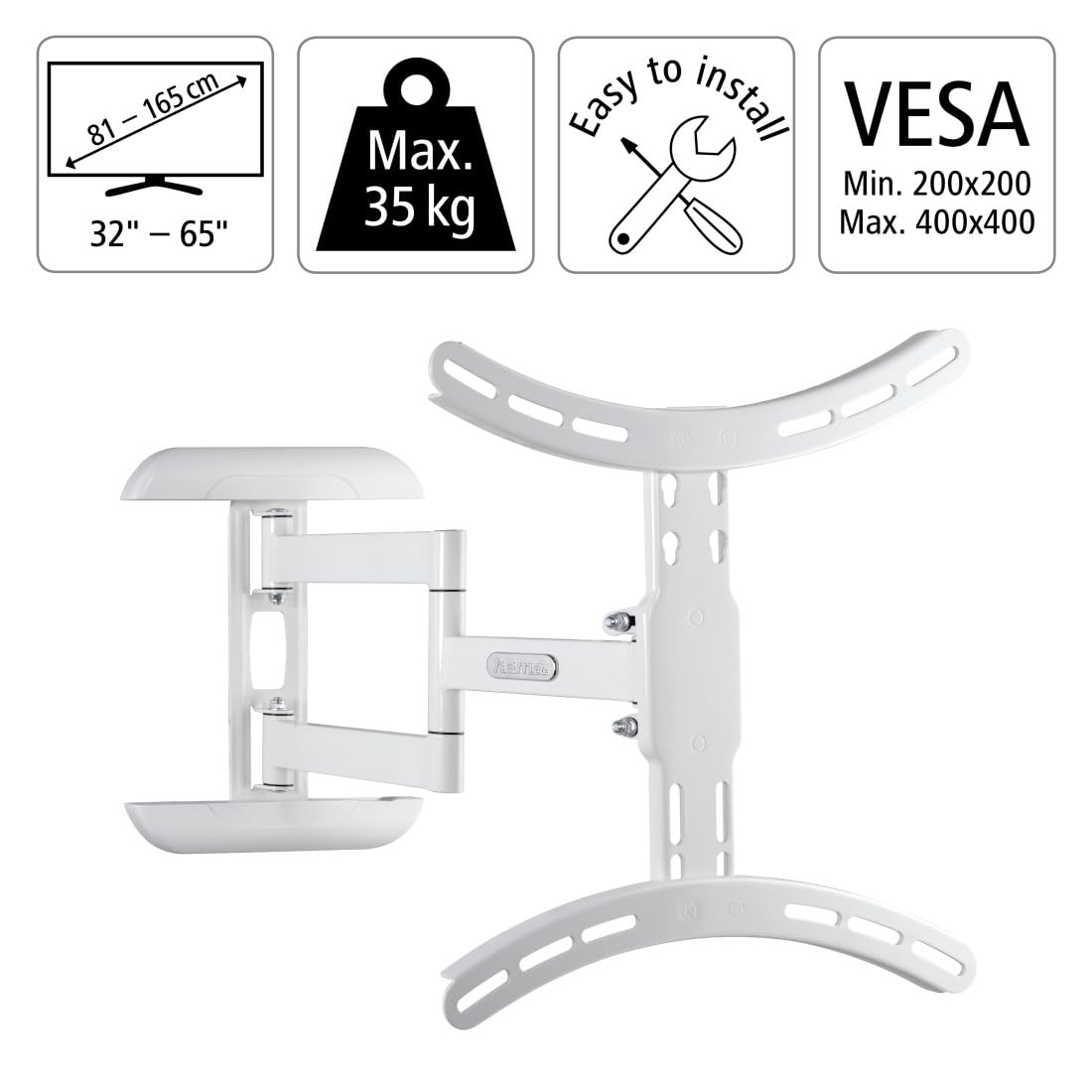 Hama TV Wandhalterung schwenkbar, neigbar, ausziehbar (TV Wandhalterung 32-65 Zoll, VESA 100x100 bis VESA 400x400, bis 35kg, mit Fischer-Dübeln) weiß