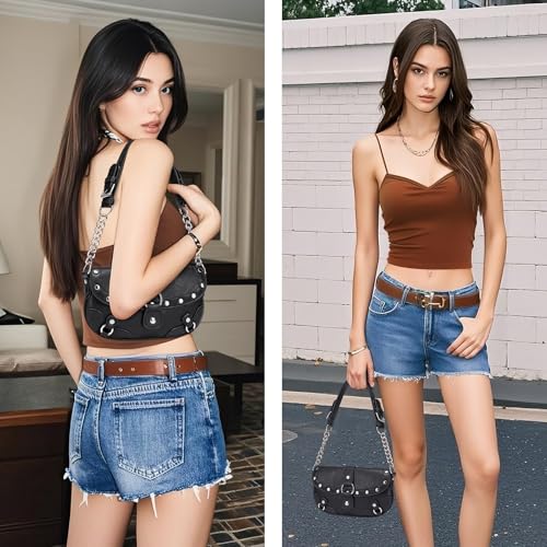 Women's Punk Retro Y2k Mini Purse Rivets Small Saddle Shoulder Bag with Chain Strap and Buckles3