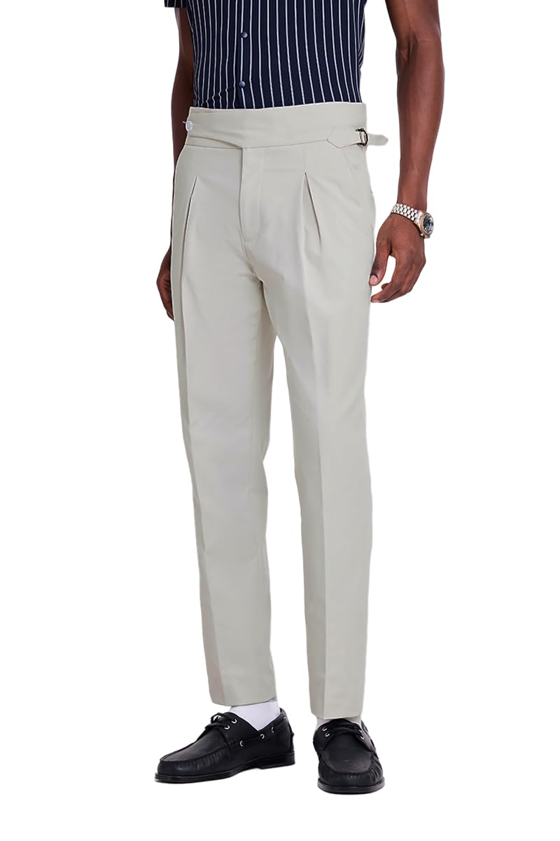 Men Tapered Fit Pleated Trousers Formal Tapered Leg Solid Textured Design | Premium Polyester Blend & Stretch Fabric for Office & Evening Events-image-43